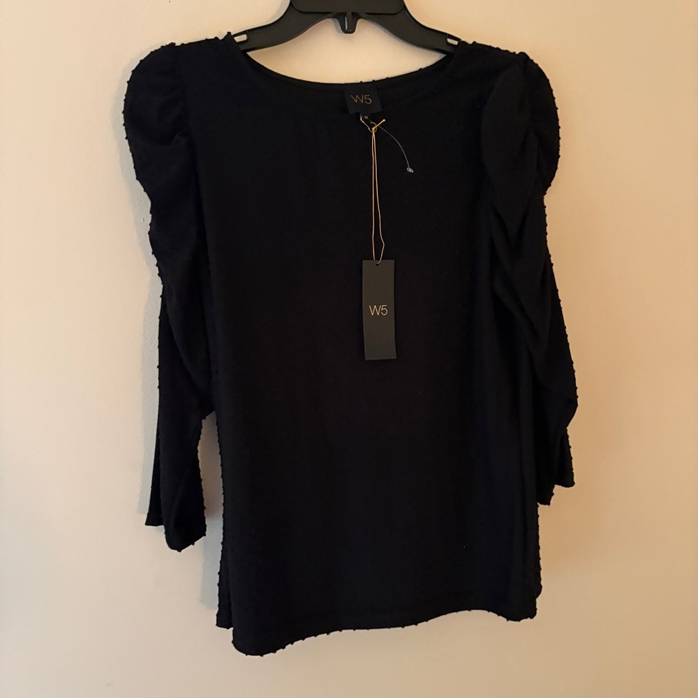 W5 Black Puff Sleeve Top Medium NWT Textured Dot Long Sleeve Blouse